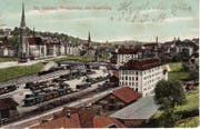 Eine 1908 gelaufene Ansichtskarte mit Kirche St.Otmar, Güterbahnhof und Vonwil-Brücke. Im April 1908 wurde die Kirche St.Otmar eingeweiht. (Bild: Sammlung Reto Voneschen)
