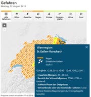 Gewitterwarnung für die Region St.Gallen-Rorschach für Montag, 10 bis 22 Uhr, bei Meteo Schweiz. (Bild: PD)