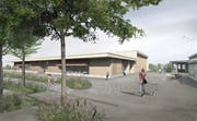 Visualisierung der neuen Tobler Mehrzweckhalle. Von ihrem Dach fliesst dereinst Solarstrom. (Bild: ZVG)