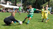 Die F-Junioren zeigen beim Aschoren-Cup jeweils vollen Einsatz. (Bild: Harry Vigano, Flüelen, 15. August 2018)