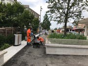 Vergangene Woche wurde der Deckbelag eingebaut. Die Auswirkungen auf die Höhen der Ruhebänke ist unterschiedlich, mehrheitlich aber nicht ausreichend - man beachte den sitzenden Herrn, dessen Füsse den Boden nicht erreichen. (Bilder: Andrea Häusler)
