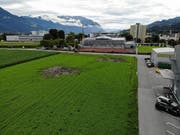 Auf dieser Wiese nördlich der Langäulistrasse, in Sichtweite zur NTB (links) und zum BZB (Bildmitte), will die Lippuner Immobilien AG das Gewerbehaus Fegeren bauen. Mieter des grossen Gebäudes wird die Brusa Elektronik AG. (Bild: Heini Schwendener)