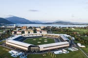 Die Schwingarena mitten in der Stadt Zug. Für die Bewohnerinnen und Bewohner des Herti-Quartiers ist es während des Baus zu Einschränkungen gekommen. (Bild: Keystone/Alexandra Wey, 16. August 2019)
