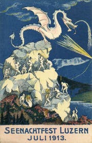 Seenachtsfest Luzern. Bergsage: Der Drache vom Pilatusberg. (Bild: Stadtarchiv, Lithografie Ariger & Müller, Luzern, Juli 1913)