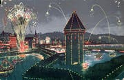 Kapellbrücke mit Wasserturm: Werbeplakat für das Seenachtsfest Luzern 1909. (Bild Stadtarchiv, Edition Photoglob, Zürich)