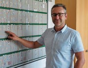 Schulleiter Werner Koller vor dem analogen Stundenplan.Bild: Ursula Wegstein