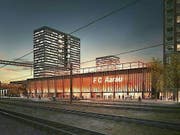 So soll es aussehen: Das neue Fussballstadion in Aarau mit insgesamt vier Hochhäusern. Das letzte Wort spricht das Volk im November. (Bild: Handout Stadt Aarau)