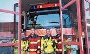 Die Feuerwehrkommandanten des Feuerwehrverbands Unterrheintal (von links): Marco Köppel (Mittelrheintal), Pascal Zani (St.Margrethen), Markus Köppel (Berneck-Au-Heerbrugg) und Robert Fuchs (Rheineck-Thal-Lutzenberg). (Bild: Susi Miara)