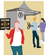 Aktivisten warnen Passanten: Hinter der psychiatriekritischen Organisation CCHR verbirgt sich die Scientology. (Illustration: Selina Buess)