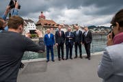 Der neu zusammengesetzte Regierungsrat am Wahltag (von links): Paul Winiker, Reto Wyss, Guido Graf, Fabian Peter und Marcel Schwerzmann (Bild: Eveline Beerkicher, 19. Mai 2019)