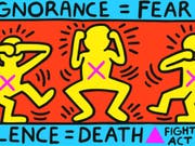 Das Werk «Ignorance = Fear, Silence = Death» (1989) von Keith Haring ist Teil der Ausstellung «United by AIDS» im Migros Museum in Zürich. Sie dauert vom 31. August bis 10. November 2019. (Bild: Courtesy Keith Haring)