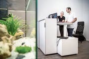 Flavio Muff (links) und Geschäftsführer Lukas Gasser diskutieren in den Räumen der Alera Energies AG die Projektidee. Bild: Pius Amrein (Hochdorf, 6. August 2019)