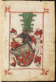 Das Vorsatzblatt der Burgauer Offnung ist mit einem blattgrossen Vollwappen der Familie Giel geschmückt. Die Textseiten sind ohne jeden Dekor.