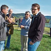 Mitten in der Diskussion: Landwirt Daniel Vetterli, Toni Kappeler (Pro Natura), Markus Nyffeler (Gemeinderat Wagenhausen) und Matthias Künzler (Amt für Raumentwicklung Thurgau). (Bild: Thomas Güntert)