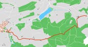 In rot die Rütistrasse. Sie führt von St.Georgen-Bach (links) durch den Steineggwald zur Speicherstrasse bei der Landscheidi (rechts auf dem Plan). Am Wenigerweier (in blau) führt von St.Georgen-Bach her die St.-Georgen- zur Speicherstrasse beim Schwarzen Bären. (Illustration: Stadt St.Gallen)