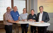Die Podiumsteilnehmer (von links): Marino Bosoppi, Walter Wyrsch (Leitung), Susanne Mattle, Elsbeth Weissmüller und Michael Schäfle. (Bild: Corinne Glanzmann, Stans, 11. September 2019)
