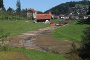 Blick vom Amphibienweiher beim gewerblichen Berufsschulzentrum Riethüsli in Richtung St.Georgen. Der offene Lauf des Weierweidbaches ist bereits gut zu erkennen. Er soll noch bepflanzt werden. (Bild: Reto Voneschen - 12. September 2019)