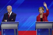 Unter Beschuss: Joe Biden (links). Rechts Elizabeth Warren, Senatorin aus Massachusetts. (Bild: AP)
