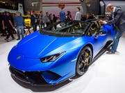Ein Lamborghini-Modell des Typs Huracan am Automobilsalon in Genf 2018. (Bild: KEYSTONE/MARTIAL TREZZINI)