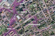 Die Bafu-Karte weist für den Kantonsspital-Campus in St.Gallen eine mittlere Gefährdung durch Oberflächenabfluss aus. Mit Farbtönen wird dargestellt, wie hoch das Wasser stehen kann. Dabei steht Helllila für unter 10 Zentimeter, Lila für 10 bis 25 und Dunkellila für über 25 Zentimeter. (Bild: Geoportal Kanton St.Gallen)