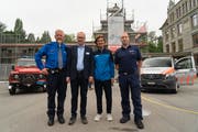 Am Samstagvormittag stehen Sicherheitskräfte der Stadt Luzern Rede und Antwort. Von links nach rechts: Quartierpolizist Günther Gwerder, Stadtrat Martin Merki, Christina Rubin von der SIP, Feuerwehrmann Fabian Castilla. (Bild: Jonathan Biedermann, Luzern, 14. September 2019)