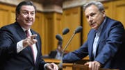 «Menschenfeindlich», sagt Corrado Pardini (SP, links) über die SVP-Initiative. «Eine Sauerei», findet Adrian Amstutz (SVP, rechts). (Bild: Keystone)
