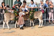 Zwei Jungzüchterinnen und ein Jungzüchter mit ihren beiden Kälblizwillingen Bruna und Brina. (Bild: Simon Huber)