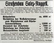 Zeitungsinserat vom 5. Februar 1929 betreffend Strassenbau zur Rheinbrücke.