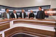 Im TVO-Studio: Alex Granato (SP), Josef Gemperle (CVP), Moderator André Moesch, Brigitte Kaufmann (FDP) und Manuel Strupler (SVP). (Bild: Lisa Jenny)