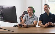 «Senior E-Sports»-Botschafter Daniel Gygax und Liga-Gründer René Merkli.Bild: Nadia Schärli (Meggen, 29. August 2019)