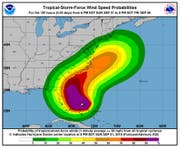 Die Farben zeigen die (prognostizierten) Windgeschwindigkeiten. (Bild: National Hurricane Center)