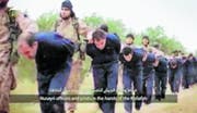 Der Video-Screenshot zeigt IS-Kämpfer, die gefangengenommene syrische Offiziere abführen. Später werden sie enthauptet. (Bild: AP/Keystone, 16. November 2014)