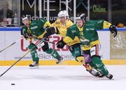 Michael Loosli (vorne, gegen Langenthals Alain Bircher) spielte bei seiner Rückkehr für den HC Thurgau so, als wäre er nie weg gewesen. (Bild: Mario Gaccioli)