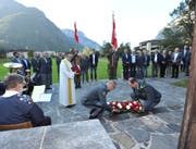Im Gedenken an die verstorbenen Mitglieder wurde ein Kranz niedergelegt. (Bild: Urs Hanhart, Erstfeld, 21. September 2019)