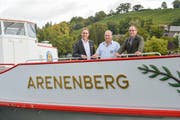Auf der MS Arenenberg: Geschäftsleiter Remo Rey, Bauleiter Herbert Rispy und VR-Präsident Roger Forrer. (Bild: Donato Caspari)