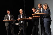 Wahlpodium im Theater Uri in Altdorf (von links): Simon Stadler, Urs Kälin, Pascal Blöchlinger, Josef Dittli und Heidi Z’graggen. (Bild: Urs Hanhart, 26. September 2019)