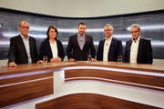 Martin Pfister (SP), Antonia Fässler (CVP), Moderator Dominic Ledergerber, Thomas Rechsteiner (CVP) und Ruedi Eberle (SVP). (Bild: TVO)