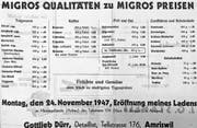 Ein Inserat im Amriswiler Anzeiger von 1947, als der erste Migros-Laden in Amriswil im Hintergebäude der Tellstrasse 176 eröffnet wurde. Bild: PD