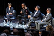NZZ Podium im KKL in Luzern zum Thema Macht. Micheline Calmy-Rey, Alt Bundesraetin, Igor Levit, Pianist, Michael Haefliger, Intendant Lucerne Festival, Rainer Hank, Journalist, (v.l.n.r.) Bild: Patrick Hürlimann/LF (Luzern, 1.September 2019)