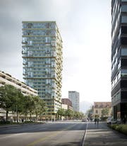 So soll das Holzhochhaus an der Baarerstrasse dereinst aussehen. (Visualisierung: PD / Filippo Bolognese)