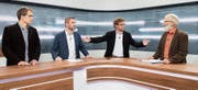 Am TVO-Wahlpodium: Basil Oberholzer (Grüne), Jörg Tanner (GLP), Moderator Stefan Schmid und Hans Oppliger (EVP). Bild: Urs Bucher
