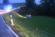 Das Auto kam auf der Wattwilerstrasse eingangs Ricken ins Schleudern und landete schliesslich in einer Wiese. (Bild: Kantonspolizei St. Gallen)