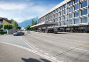 So wird es dereinst beim Kantonsbahnof Altdorf mit dem neuen Dienstleistungsgebäude der Urner Kantonalbank aussehen. (Visualisierung: PD)
