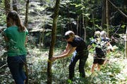 Lehrerinnen aus dem Werdenberg und Sarganserland begingen den Wald mit verbundenen Augen. (Bilder: Alexandra Gächter)