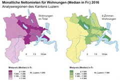 Im Entlebuch lässt es sich am günstigsten wohnen – im Raum Sursee, in den Seegemeinden, in Teilen des Rontals sowie der Region Wolhusen sind die Mieten am teuersten. (Quelle: Lustat Statistik Luzern)