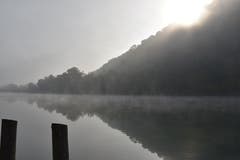 Kampf der Titanen. Nach hartem Kampf, hat die Sonne gegen 1000 h den über dem Rhein liegenden Nebel nahezu gänzlich "aufgekocht", wie die aufsteigenden "Dampf-schwaden" belegen. (Bild: Max Gibel (Rüdlingen, 18. Oktober 2018))