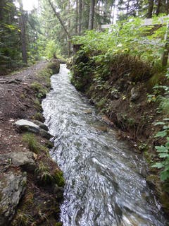 Anzére (Wallis): Mit den Suonen oder Bisses wurde im Wallis das Wasser über lange Strecken, zum Teil sehr exponiert, von den Bergen zum Bewässern ins Tal geführt. (Bild: Hans Scheidegger)