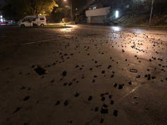 Jede Menge Schottersteine, von Zürcher Chaoten geworfen, liegen herum. (Bild: Stapo SG)