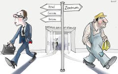 Schönen Feierabend! Über die Hälfte der städtischen Angestellten wohnt nicht in St.Gallen. Besonders das Kaderpersonal zieht es vor, sich in der Agglomeration niederzulassen. Wer wenig verdient, wohnt hingegen eher in der Stadt. Speckgürtel oder Stadtzentrum? Nach getaner Arbeit trennen sich die Wege der Staatsdiener. (Illustration: Corinne Bromundt - 22. September 2018)