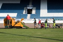 In der Swisspor-Arena wurde am Dienstag der neue Rasen verlegt. (Bild: Eveline Beerkircher)